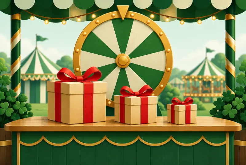 A fairground prize stall with wrapped boxes and a blank gold prize wheel