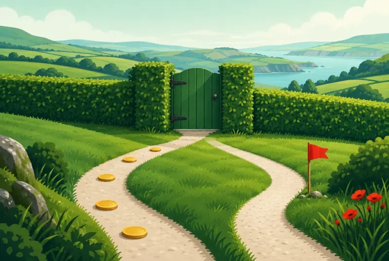 Two separate paths meeting at a closed green gate in a hedge