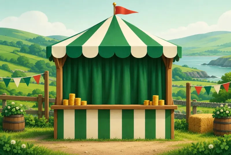 A striped practice booth with its curtain closed and gold tokens on the ledge