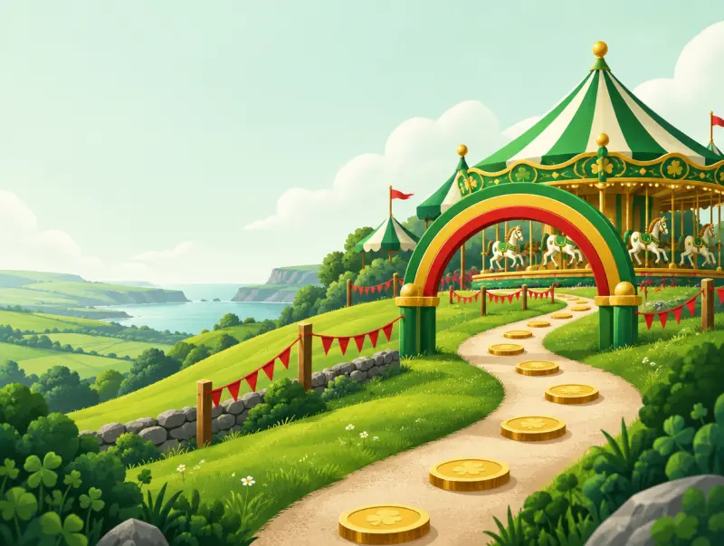 A small green-and-cream fairground on an Irish hillside with a path of gold discs