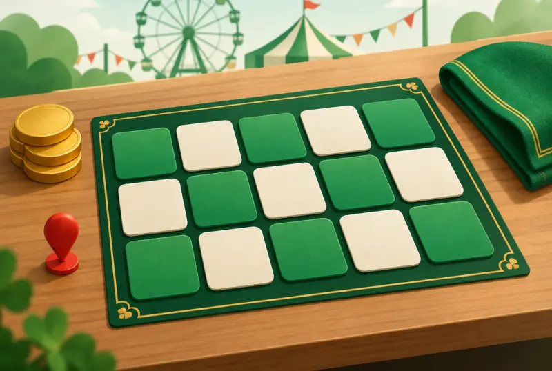 An empty five-by-three grid of green and cream tiles beside gold tokens