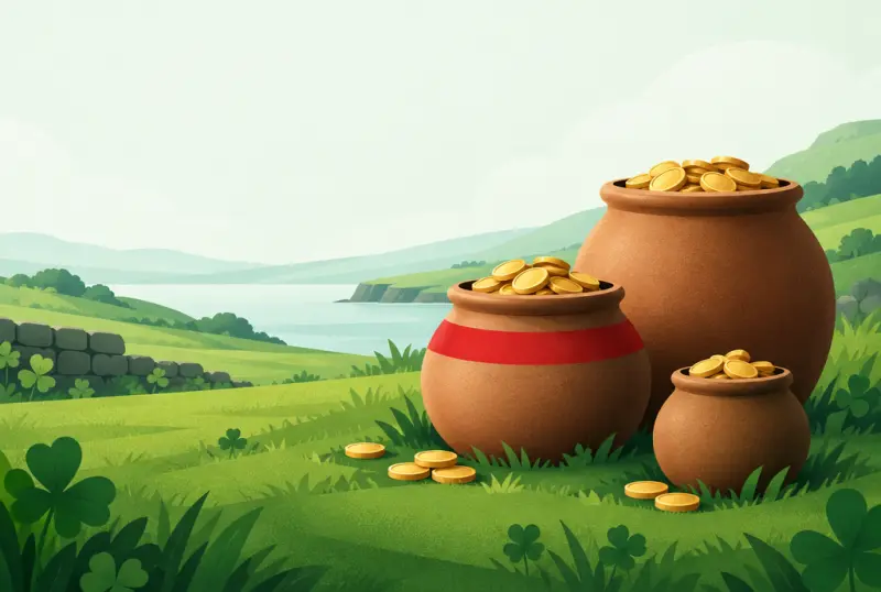 Three earthen pots of different sizes holding gold coins