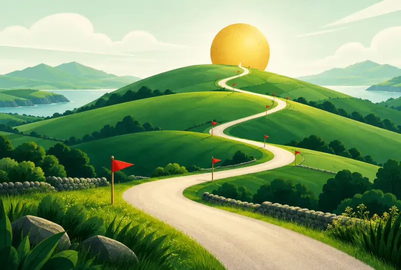 A winding road through green hills toward a gold disc