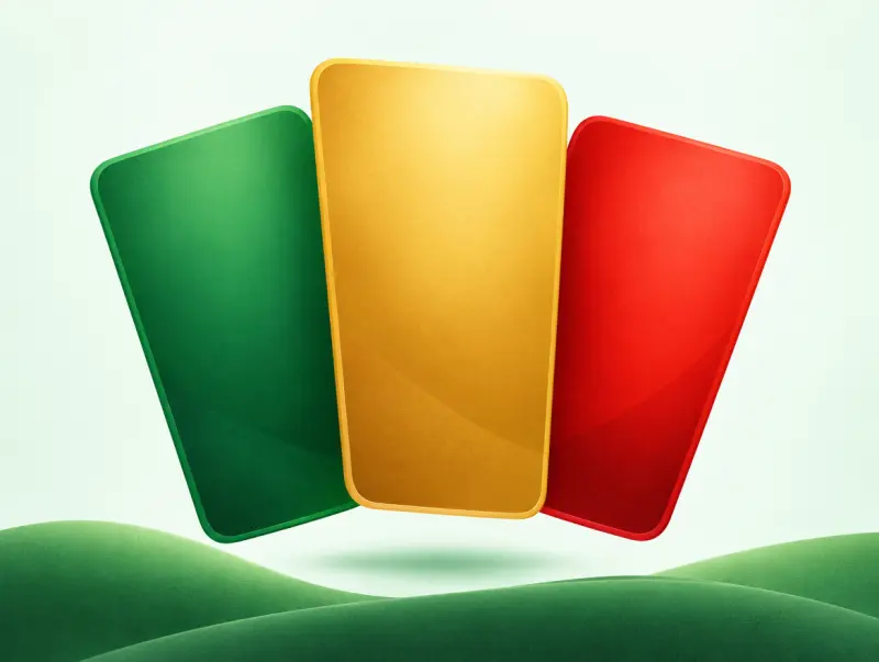 Three fanned panels in green, gold and red