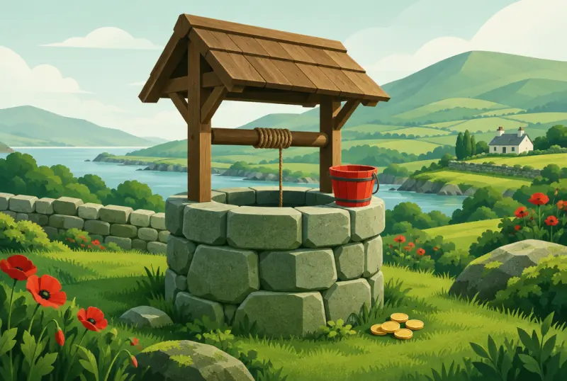 A round stone well with a red bucket on the rim