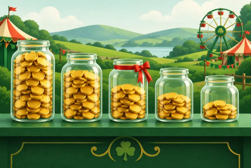 Five glass jars of gold coins, each filled to a lower level than the last